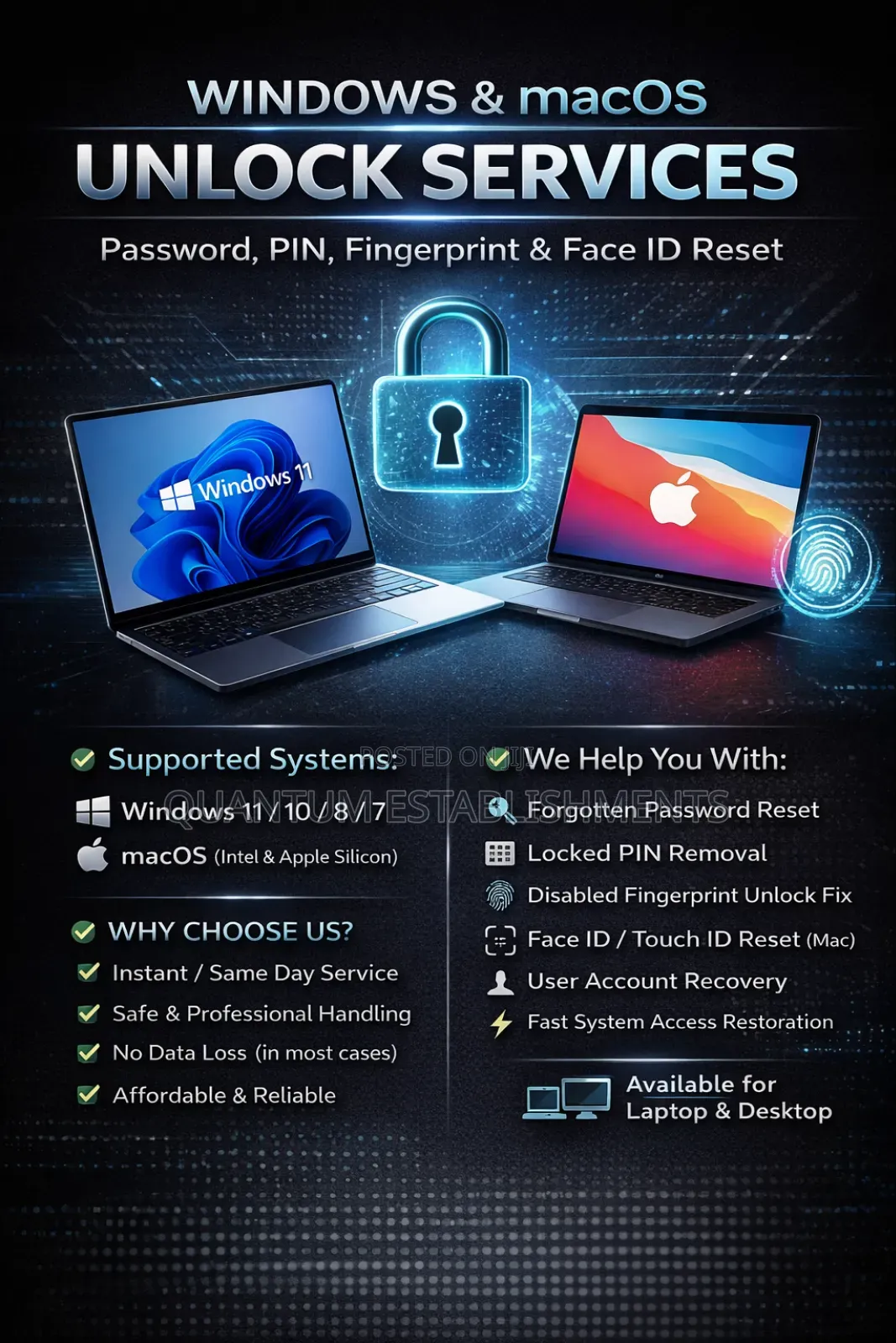 Windows and Mac Unlock Services –Password,Pin,Fingerprint Faceid Reset