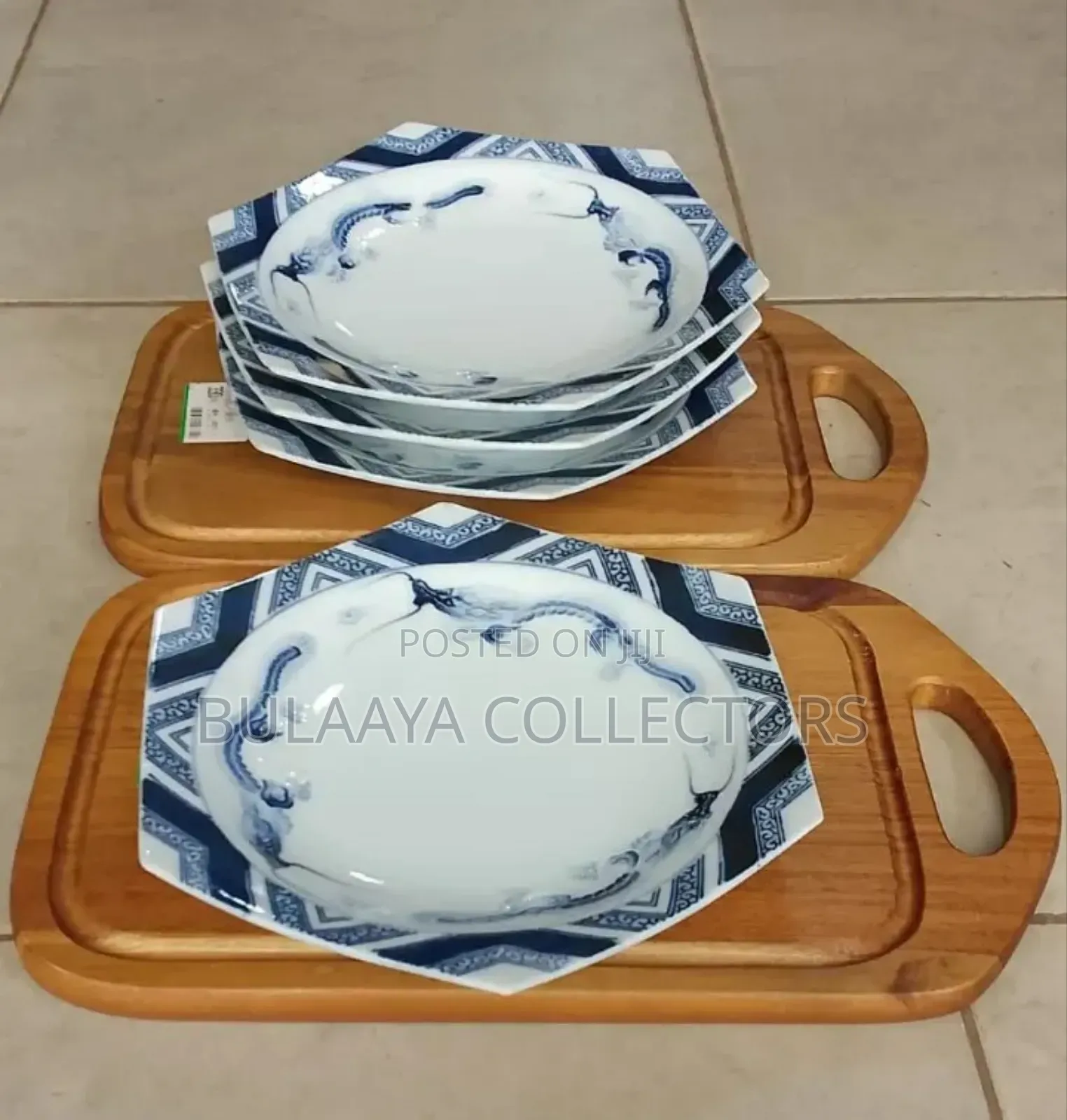 Japanese-Style Blue and White Hexagonal Porcelain Plates.