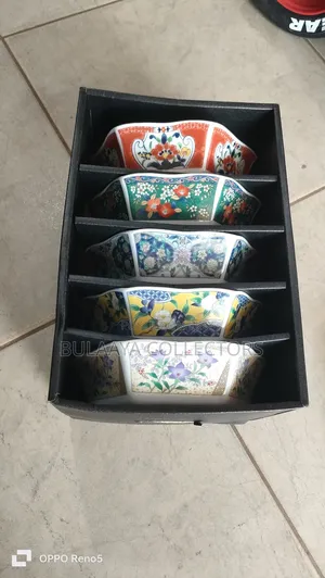 Japanese Arita Ware Hexagonal Lidded Bowls With Floral Patterns.