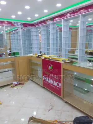 Brown and Green Pharmacy Shelves