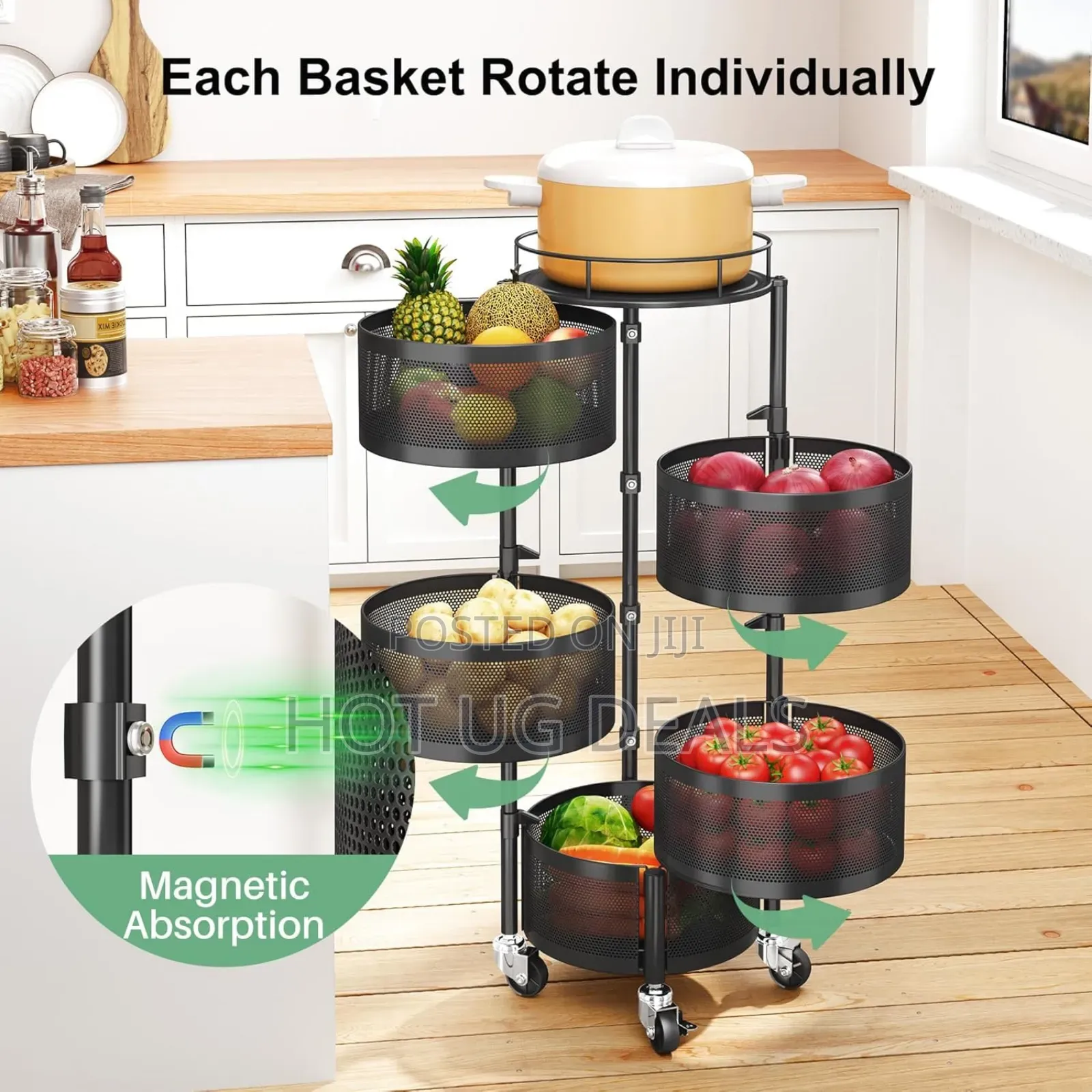 5 Tier Fruit Vegetable Basket for Kitchen, Rotating Storage Rack