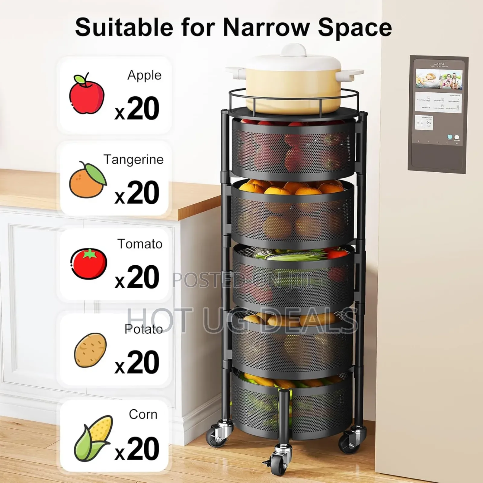 5 Tier Fruit Vegetable Basket for Kitchen, Rotating Storage Rack