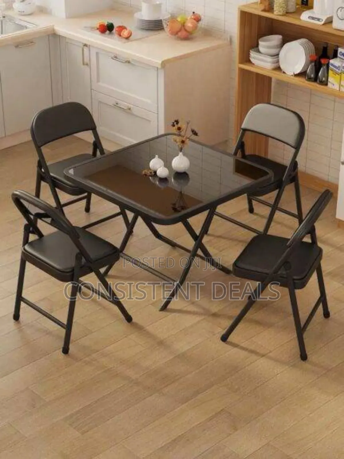 Modern Tempered Glass Table Set With Two Folding Chairs