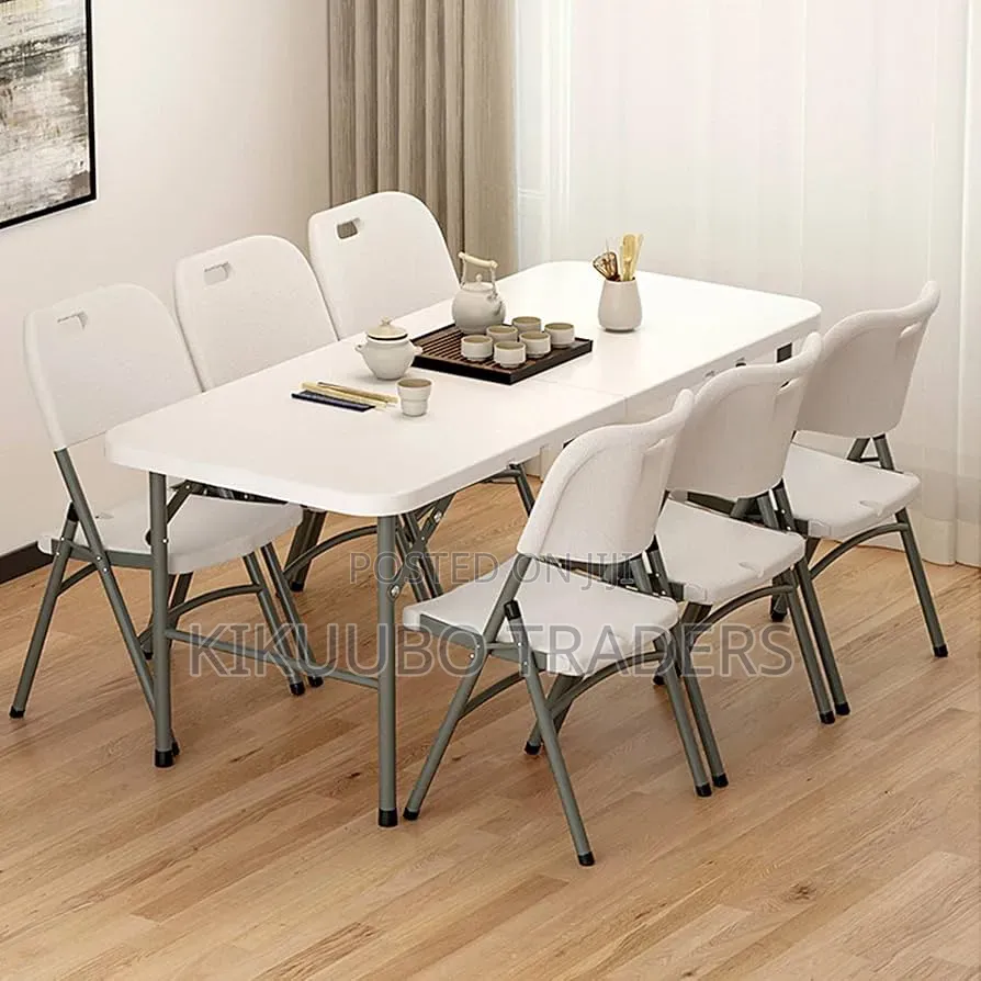 6 Ft Plastic Folding Table Set With 6 White Folding Chairs