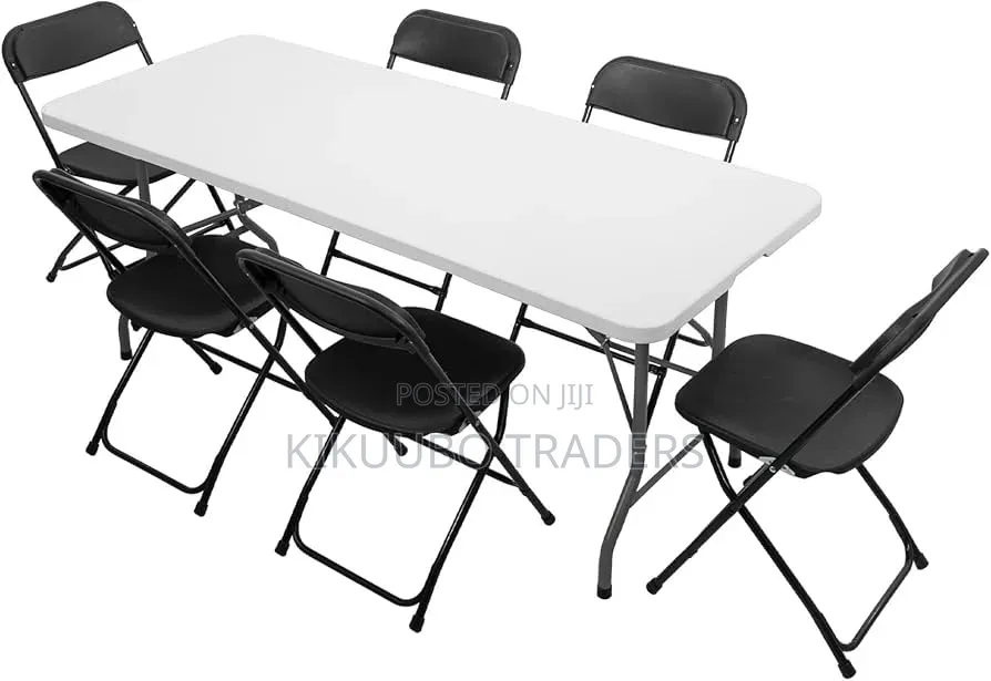 6 Ft Plastic Folding Table Set With 6 Black Folding Chairs