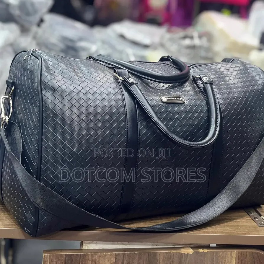 Woven Black Leather Travel Duffle Bag