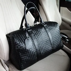 Woven Black Leather Travel Duffle Bag