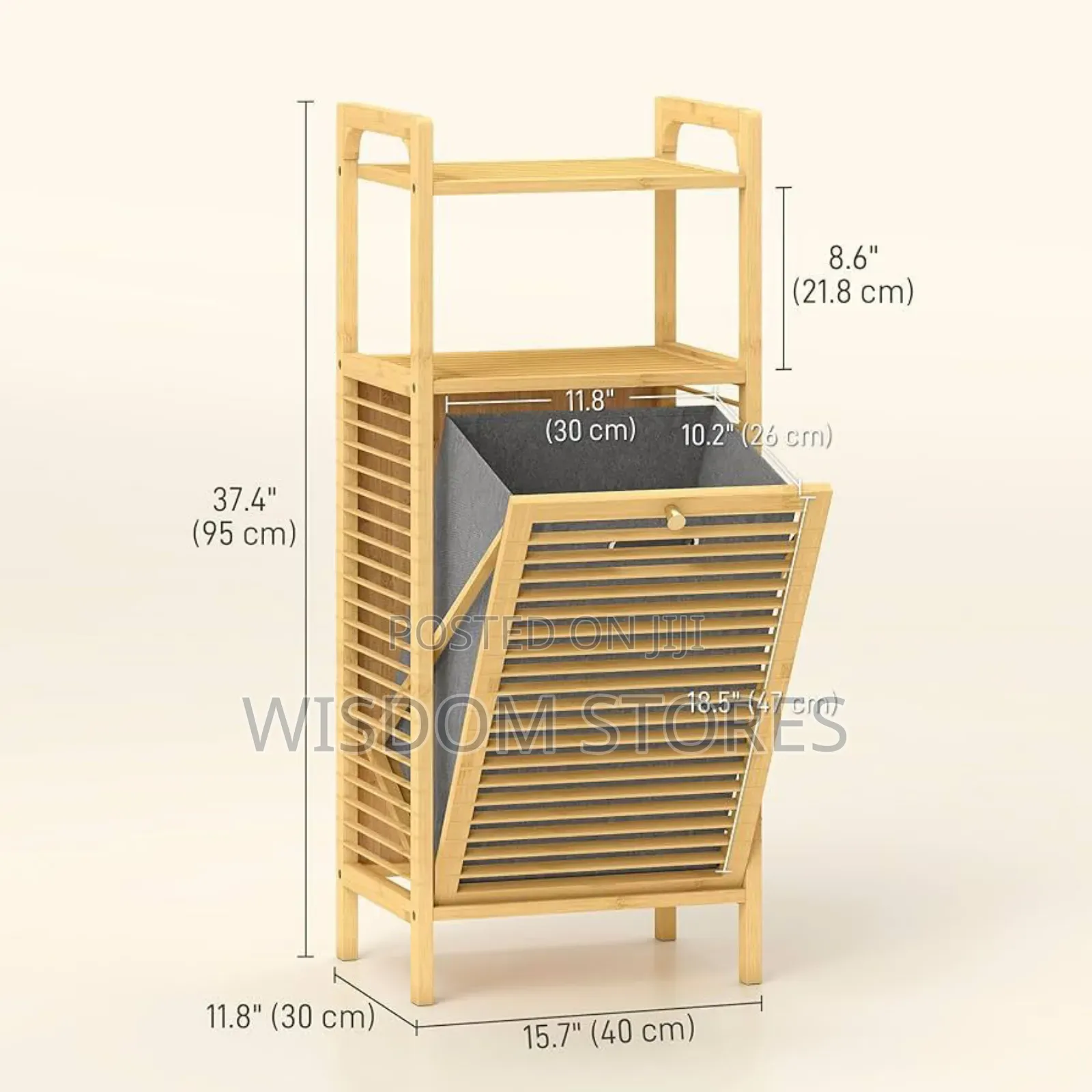 Tilt-Out Bamboo Laundry Hamper With Integrated Storage Shelves.