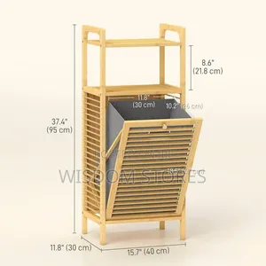 Tilt-Out Bamboo Laundry Hamper With Integrated Storage Shelves.