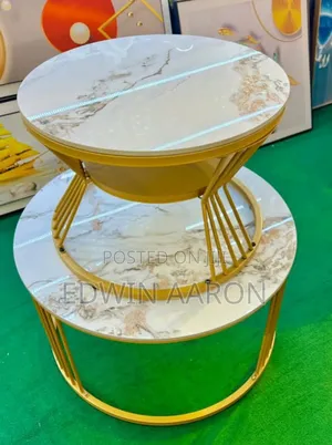 2pcs Large Sized Cream and Gold Stands Cream Marble Centre Table Set
