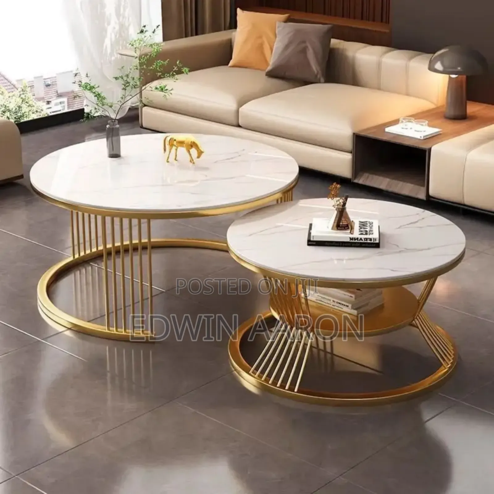 2pcs Large Sized Cream and Gold Stands Cream Marble Centre Table Set