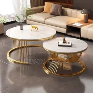 2pcs Large Sized Cream and Gold Stands Cream Marble Centre Table Set