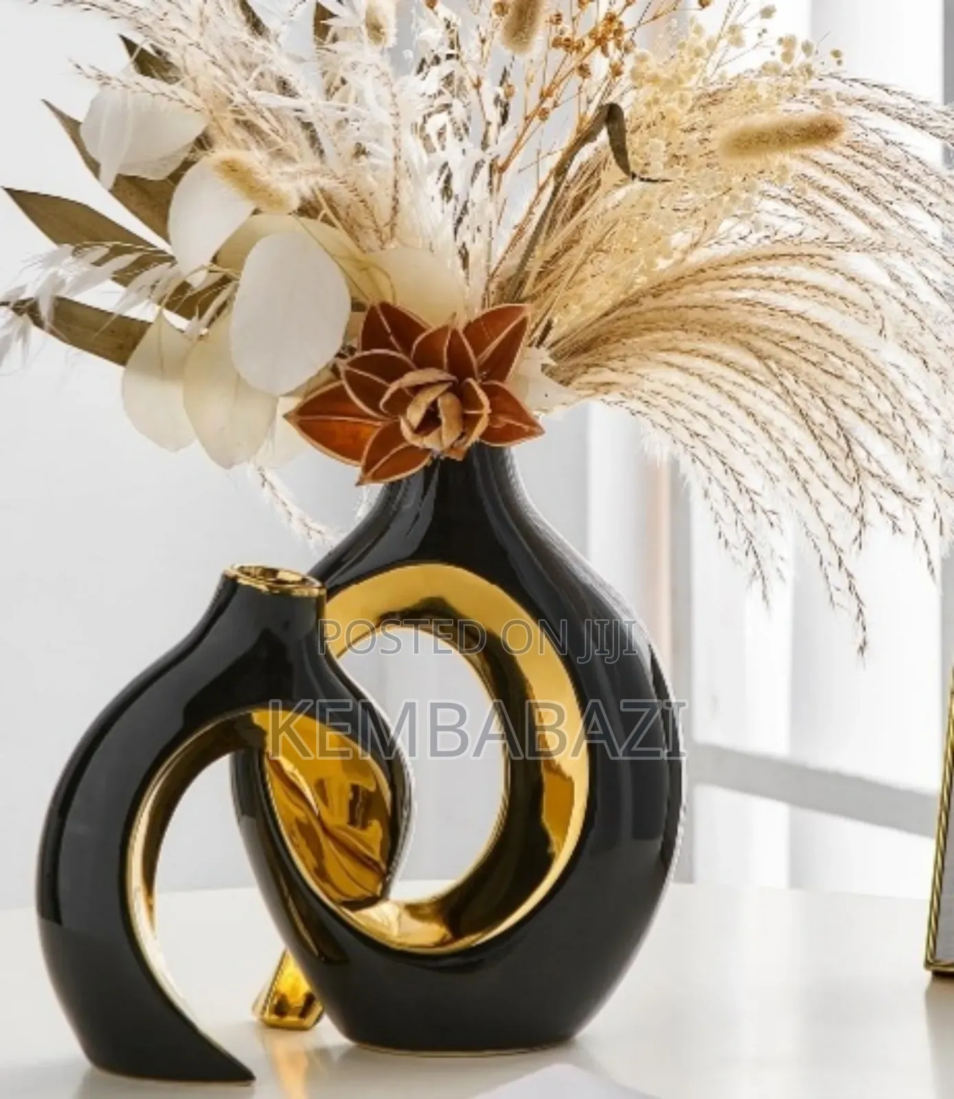 A Set of 2 Gold and Black Ceramic Decor Vases