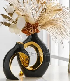 A Set of 2 Gold and Black Ceramic Decor Vases