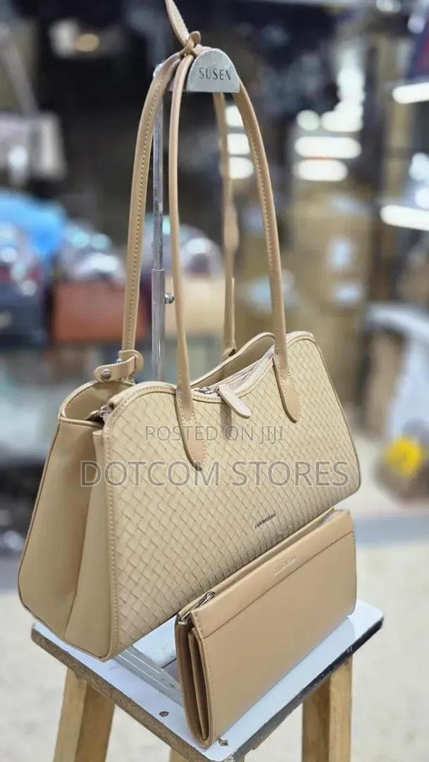 Beige Woven-Texture Top Handle Handbag and Wallet Set