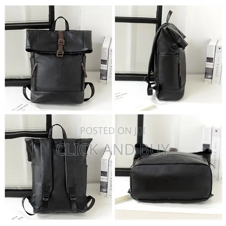 Vintage Roll-Top Pu Leather Backpack/Laptop Bag - Black