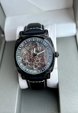 Men's Authentic Black Leather Strapped Cartier Mechanical Wrist Watch