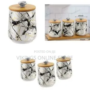 Set of 3 Marble Kitchen Canisters With Bamboo Lid Ceramic Food Storage