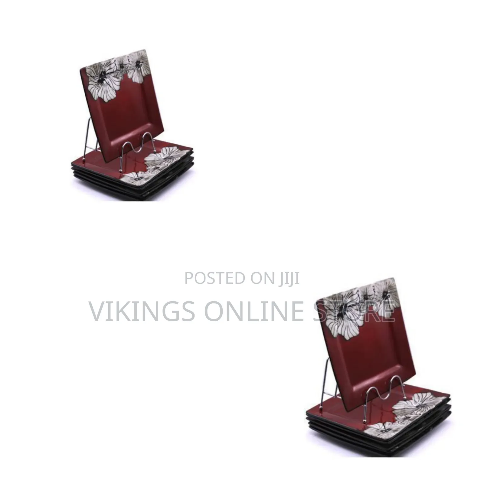 6 Pieces of Squared Floral Plates - Maroon