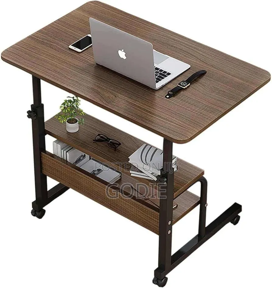 Adjustable Height Mobile Laptop Desk With Lower Storage Shelves,