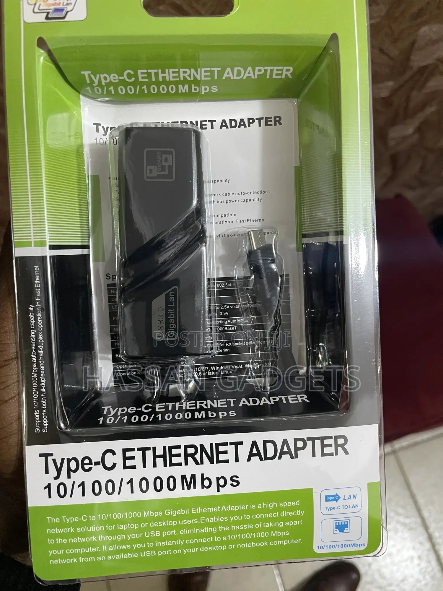 Type-C to Ethernet Network Adapter, Rj45 Lan Port, Black 3.0