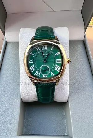 Green Leather Strapped Quartz Analog Display Cartier Wrist Time Piece