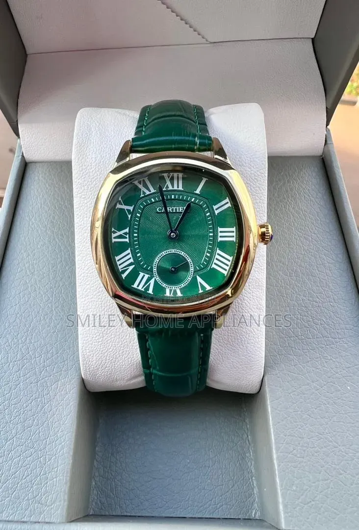 Green Leather Strapped Quartz Analog Display Cartier Wrist Time Piece