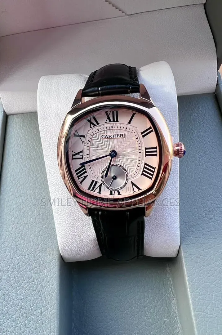 Black Leather Strapped Wrist Analog Display Cartier Unisex Time Piece