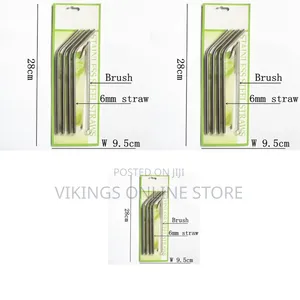 Set of Reusable Stainless Steel Drinking Straws and a Cleaning Brush