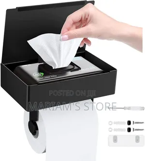 Black Toilet Paper Holder With a Storage Compartment for Wet Wipes.