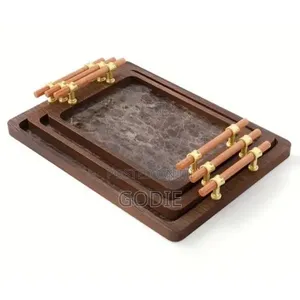 3pcs Luxury Bamboo Serving Tray Set With Faux Marble Base.