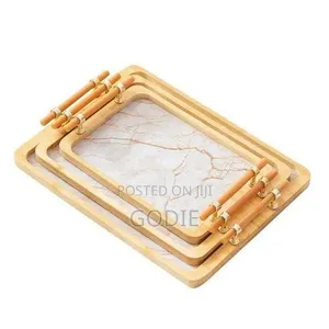 3pcs Luxury Bamboo Serving Tray Set With Faux Marble Base.