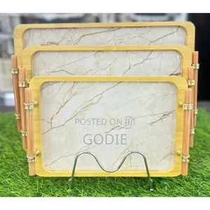 3pcs Luxury Bamboo Serving Tray Set With Faux Marble Base.