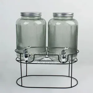 6-Liter Double Glass Beverage Dispenser Set With Metal Stand and Taps