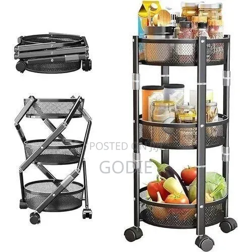 3-tier Round Foldable Rolling Utility Storage Cart - Multicolor