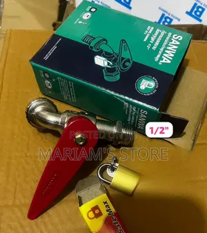 Sanwa Lockable Brass Ball Tap With a Red Handle and a 1/2 Inch Size.