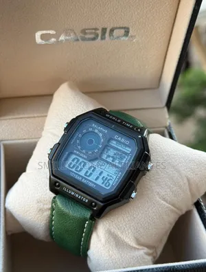 Green Leather Strapped Casio Men's Original Digital Time Piece