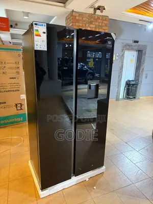 Side-by-Side Refrigerator With a Black Glass Finish.