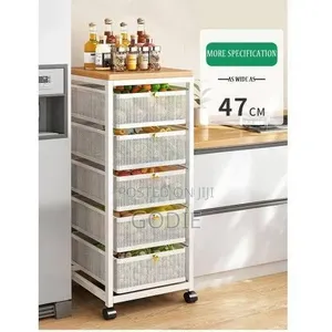 Multi-Layer Kitchen Rolling Storage Cart With Mesh Drawers and Wooden