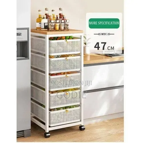 Multi-Layer Kitchen Rolling Storage Cart With Mesh Drawers and Wooden