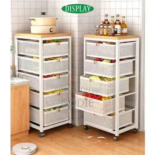 Multi-Layer Kitchen Rolling Storage Cart With Mesh Drawers and Wooden