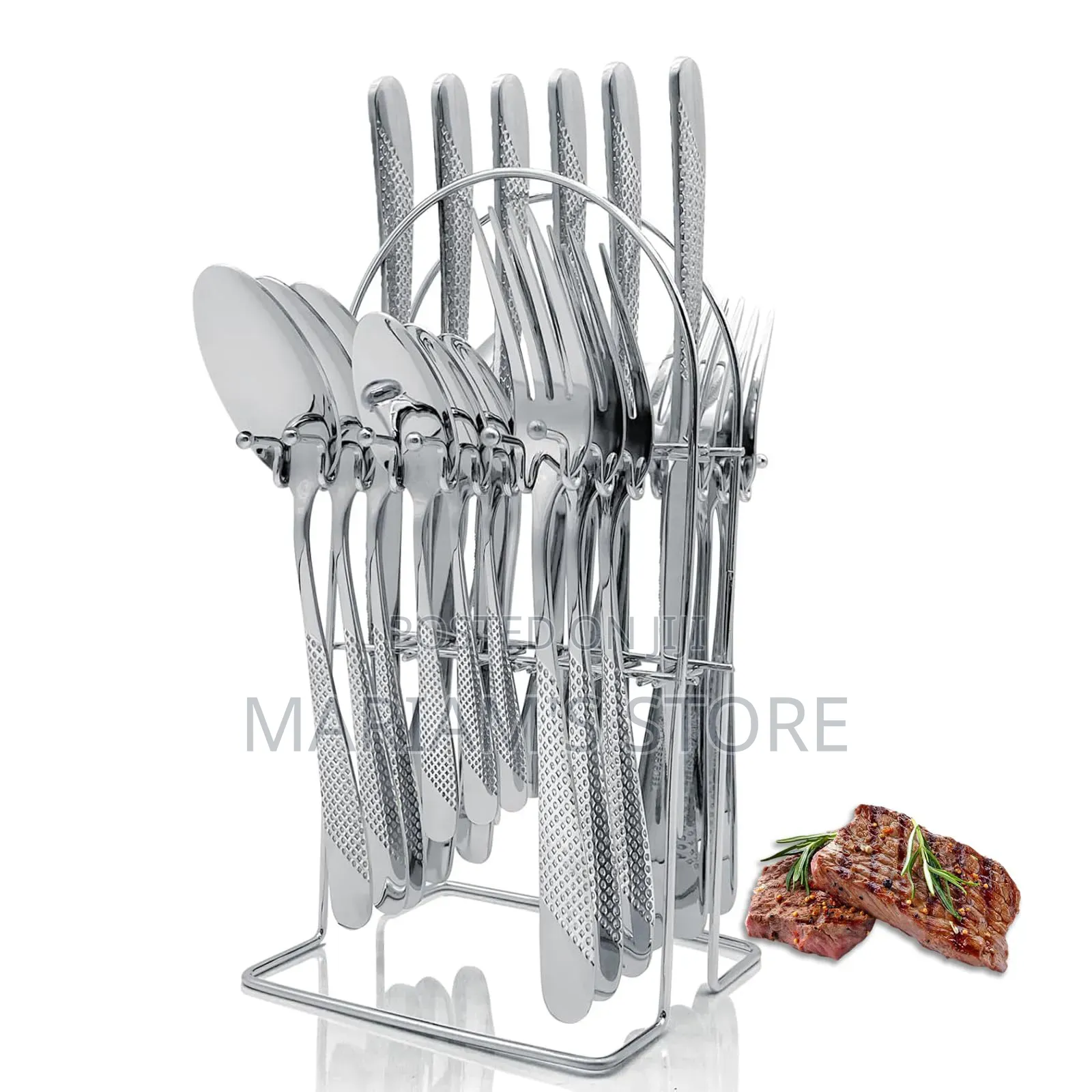 24-Piece Stainless Steel Cutlery Set With a Silver Stand.
