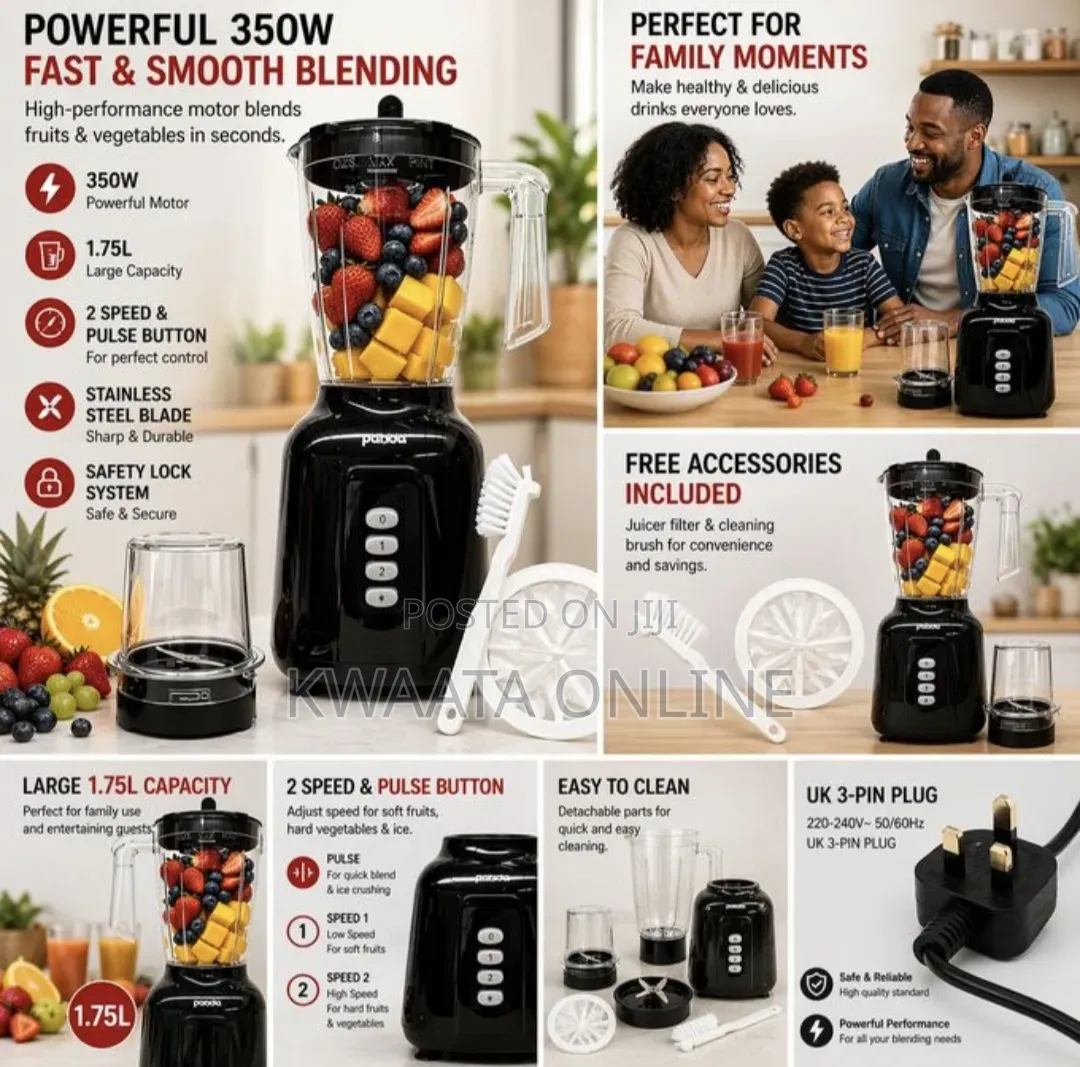 1.75litres Panda 2in 1 Juice Blender With Grinder, Red or Black-350w