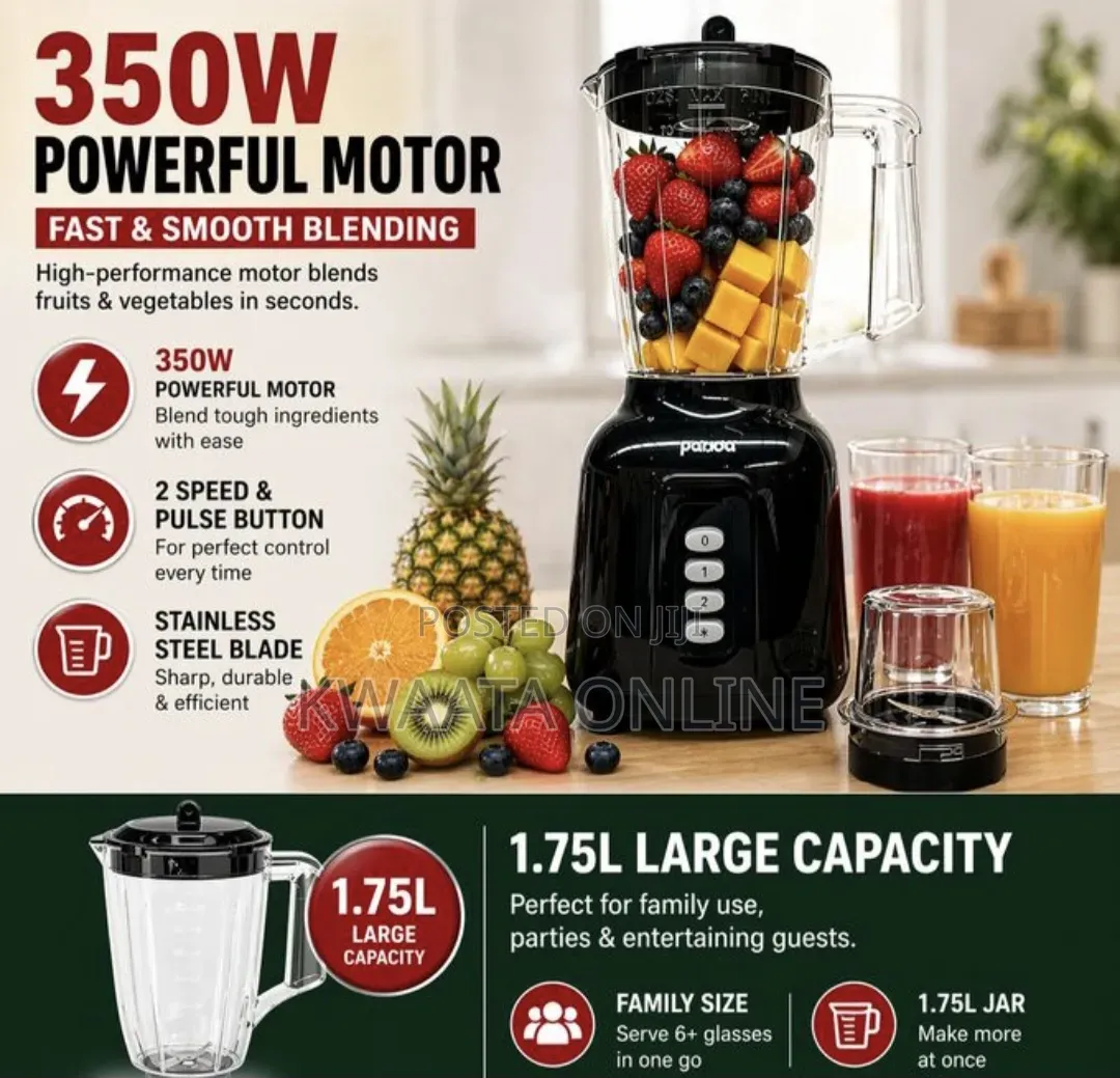 1.75litres Panda 2in 1 Juice Blender With Grinder, Red or Black-350w
