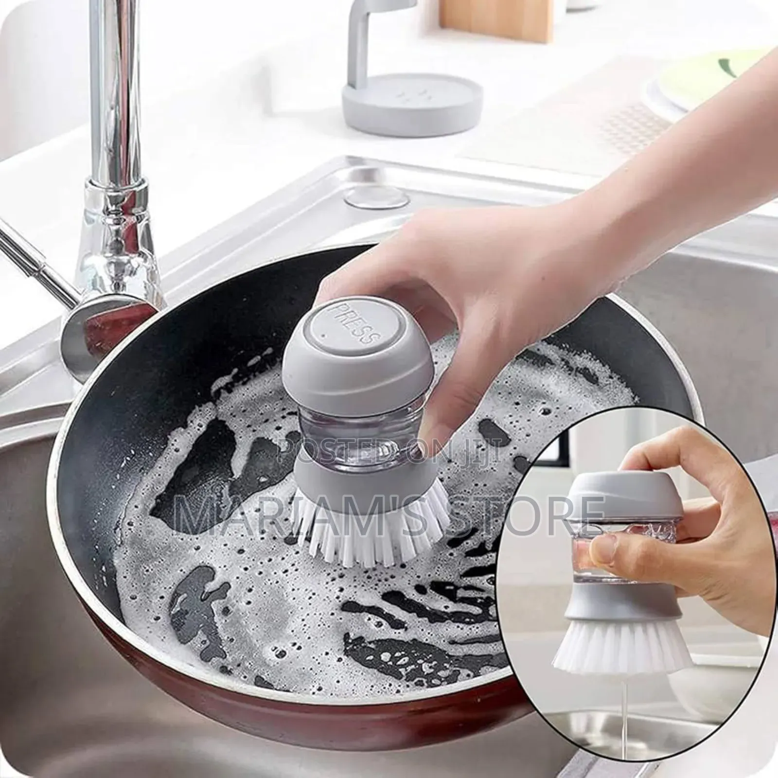 Grey Soap-dispensing Kitchen Brush For Cleaning Pots And Pans.