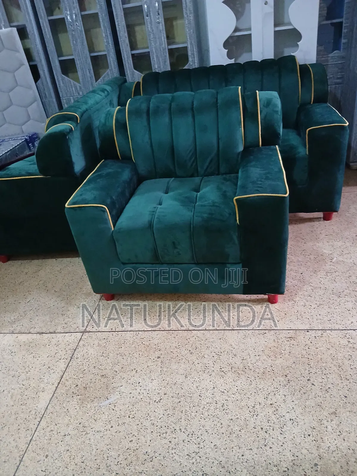 Green Sofa Piped Yellow