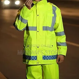 High-visibility Rain Jacket With Reflective Safety Tape .