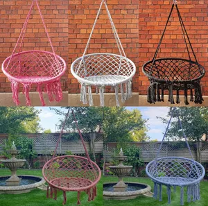 Macrame Hammock Swing Chair WTH Knitted Mesh Cotton Rope Round Frame