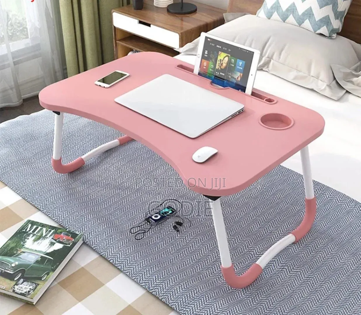 Foldable Laptop Table With a Cup Holder and a Tablet Slot.