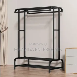 Metal Freestanding Garment Rack With Top and Bottom Storage Shelves